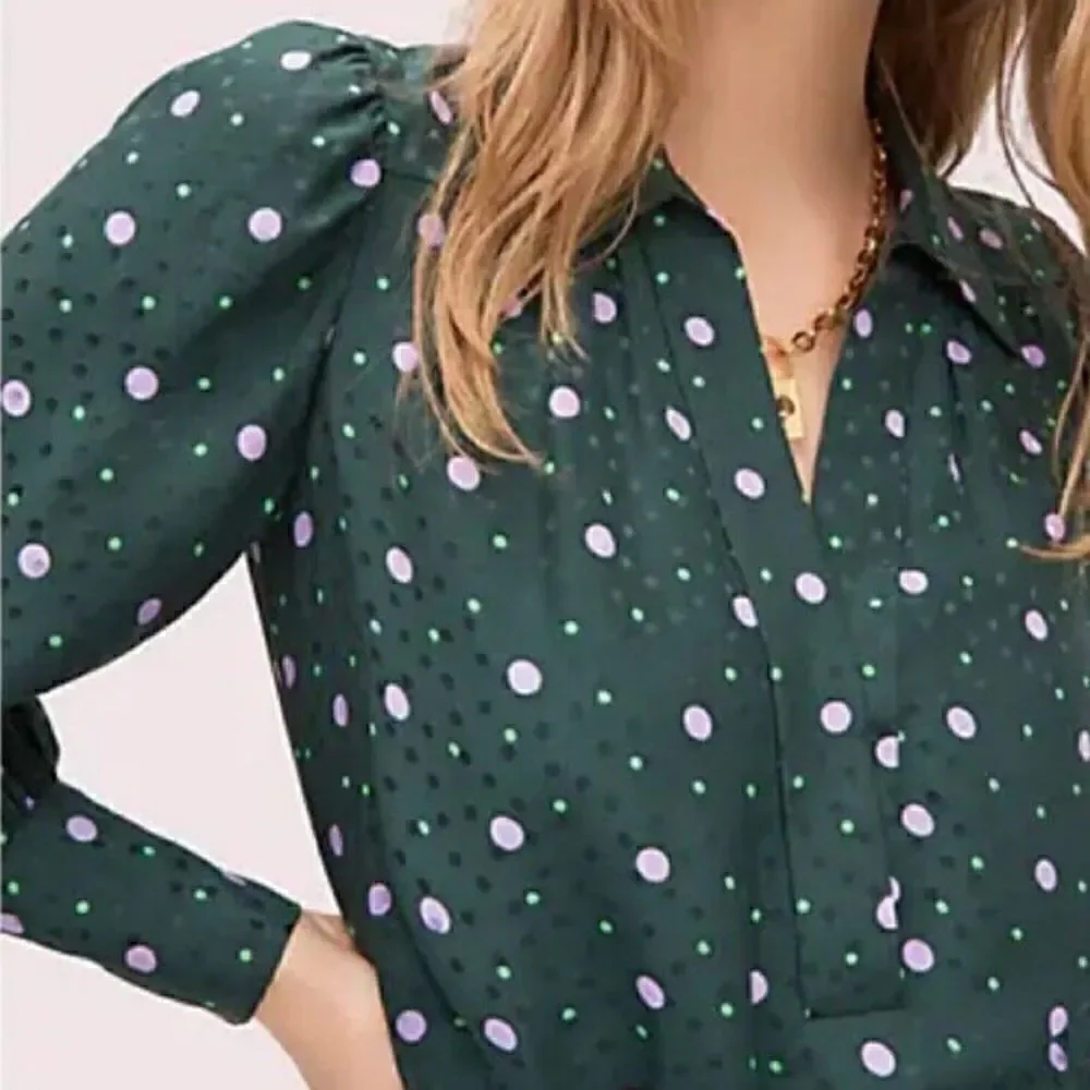 Kate Spade Pine Forest Green Pop Dots Blouse Size XS Silk Blend